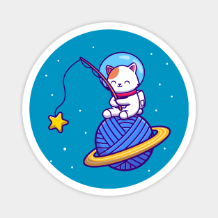 Cute Astronaut Cat Fishing Star On Yarn Wool Planet Cartoon Magnet